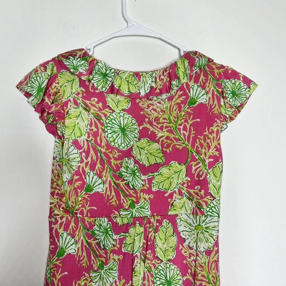 Lilly Pulitzer Clare Silk Blend Jersey Dress‎ Ruffle Pink Green Floral Size XS